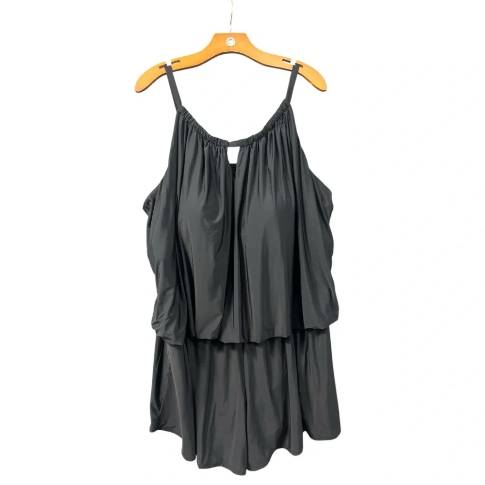 Swimsuits for all One Piece Black Drapey Swimsuit Romper Shorts 30 High Neck